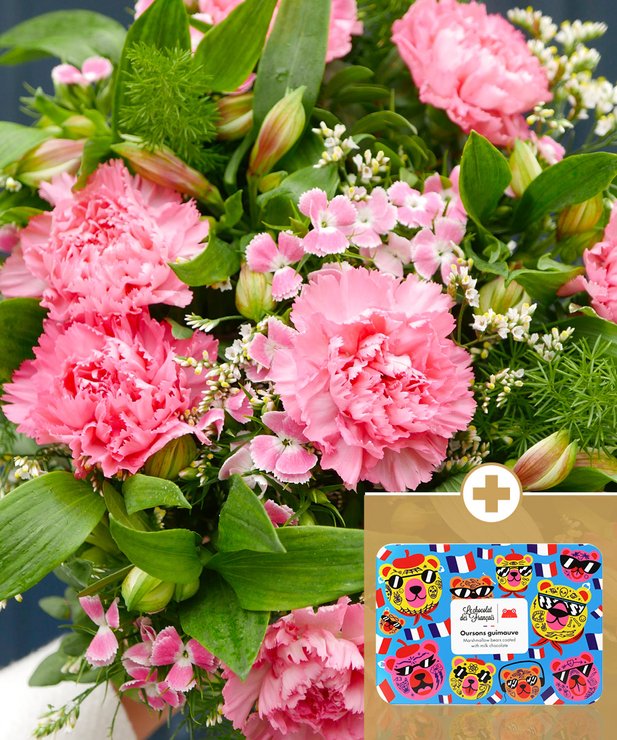 Bouquet du fleuriste pastel simple et son coffret de 12 oursons guimauve
