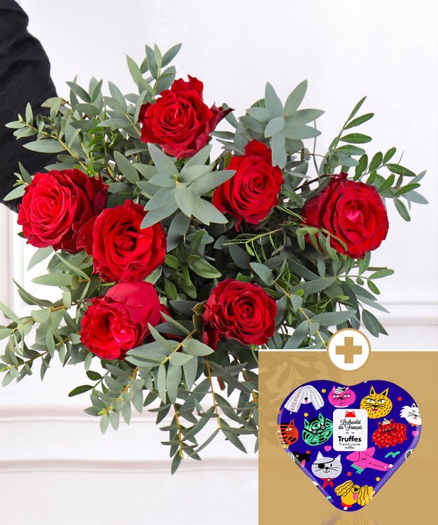 Bouquet Amour Classique et son coffret de 5 truffes au chocolat