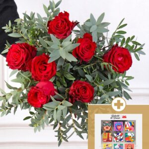 Bouquet Amour Classique et son coffret de 9 carrés de chocolat
